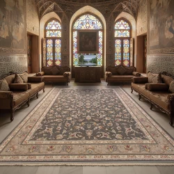 فرش ماشینی ۱۲۰۰ شانه تراکم ۳۶۰۰ گل برجسته طرح زرنگار دودی - بازارفرش - {category}