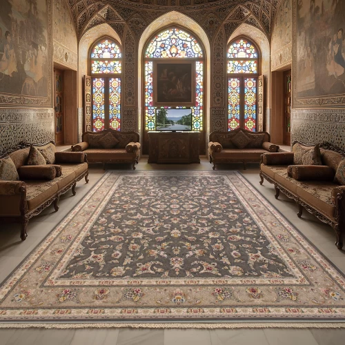 فرش ماشینی ۱۲۰۰ شانه تراکم ۳۶۰۰ گل برجسته طرح زرنگار دودی