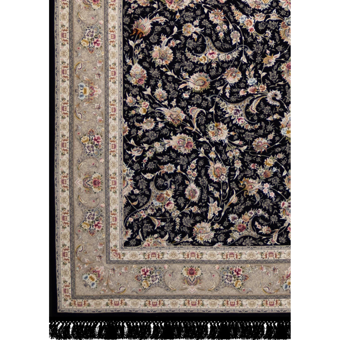 فرش ماشینی ۱۲۰۰ شانه تراکم ۳۶۰۰ گل برجسته طرح زرنگار سرمه‌ ای