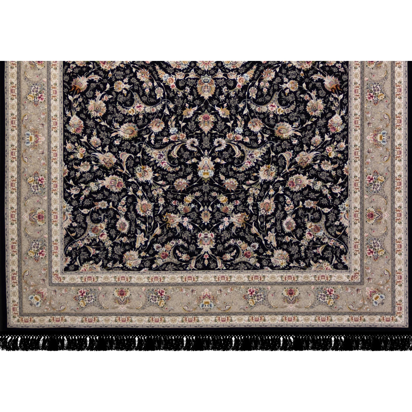 فرش ماشینی ۱۲۰۰ شانه تراکم ۳۶۰۰ گل برجسته طرح زرنگار سرمه‌ ای