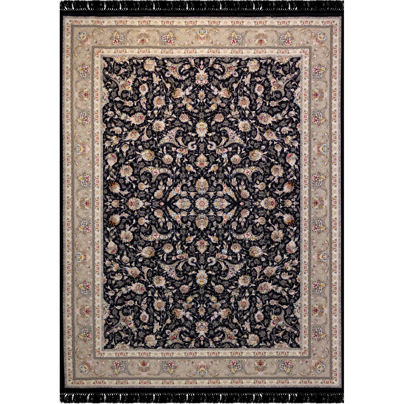 فرش ماشینی ۱۲۰۰ شانه تراکم ۳۶۰۰ گل برجسته طرح زرنگار سرمه‌ ای