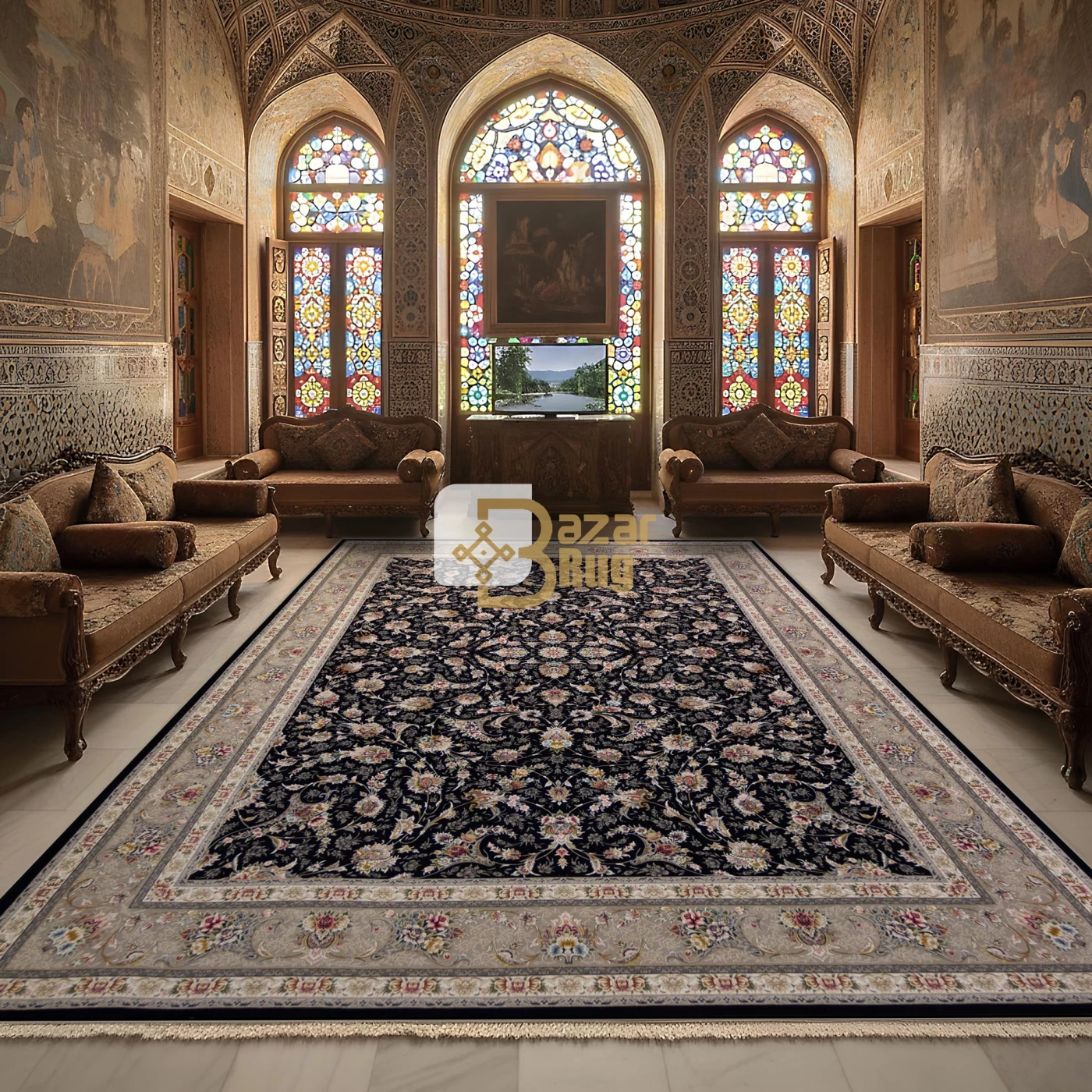 فرش ماشینی ۱۲۰۰ شانه تراکم ۳۶۰۰ گل برجسته طرح زرنگار سرمه‌ ای