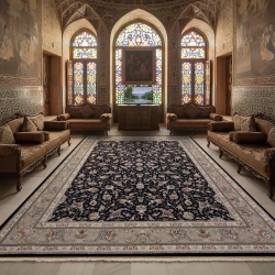 فرش ماشینی ۱۲۰۰ شانه تراکم ۳۶۰۰ گل برجسته طرح زرنگار سرمه ای - بازارفرش - فرش 1200 شانه