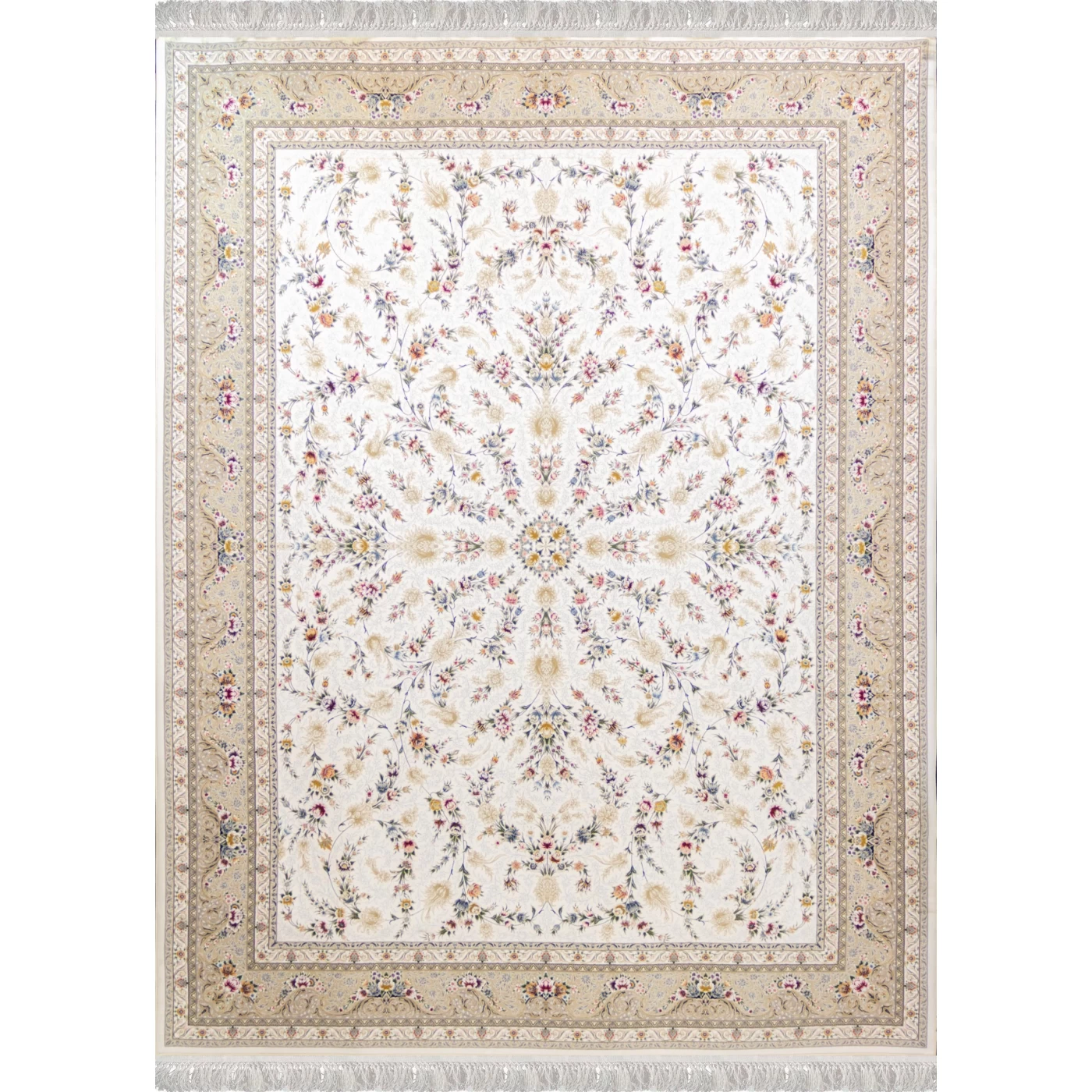 فرش ماشینی ۱۲۰۰ شانه تراکم ۳۶۰۰ گل برجسته طرح باغ مینو کرم