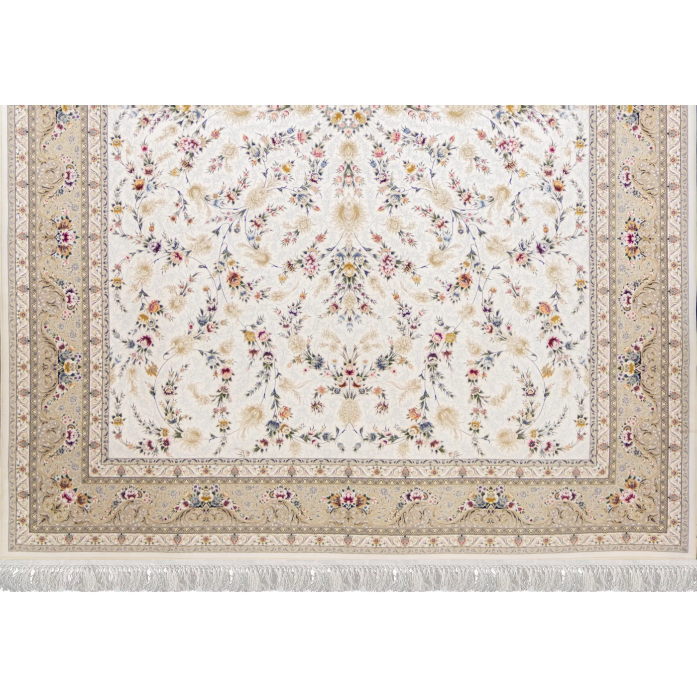 فرش ماشینی ۱۲۰۰ شانه تراکم ۳۶۰۰ گل برجسته طرح باغ مینو کرم