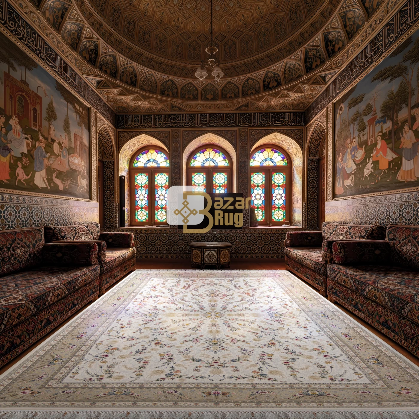 فرش ماشینی ۱۲۰۰ شانه تراکم ۳۶۰۰ گل برجسته طرح باغ مینو کرم