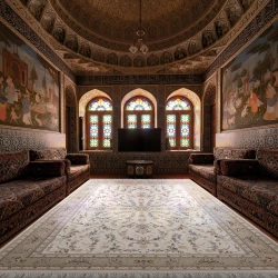 فرش ماشینی ۱۲۰۰ شانه تراکم ۳۶۰۰ گل برجسته طرح باغ مینو کرم - بازارفرش - فرش 1200 شانه