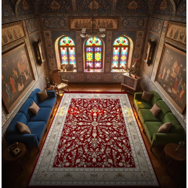 فرش ماشینی ۱۲۰۰ شانه تراکم ۳۶۰۰ گل برجسته طرح باغ مینو لاکی