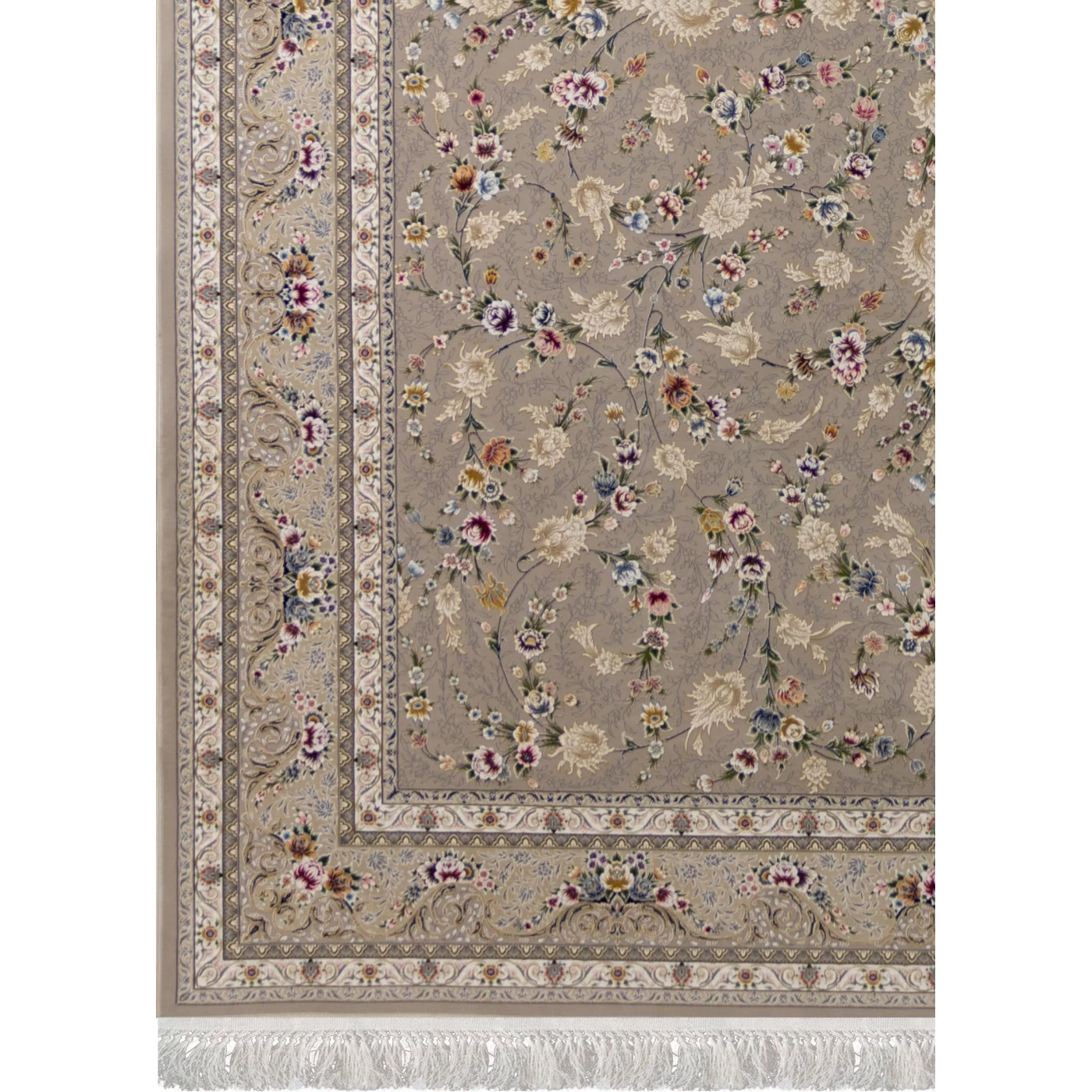 فرش ماشینی ۱۲۰۰ شانه تراکم ۳۶۰۰ گل برجسته طرح باغ مینو نقره ای