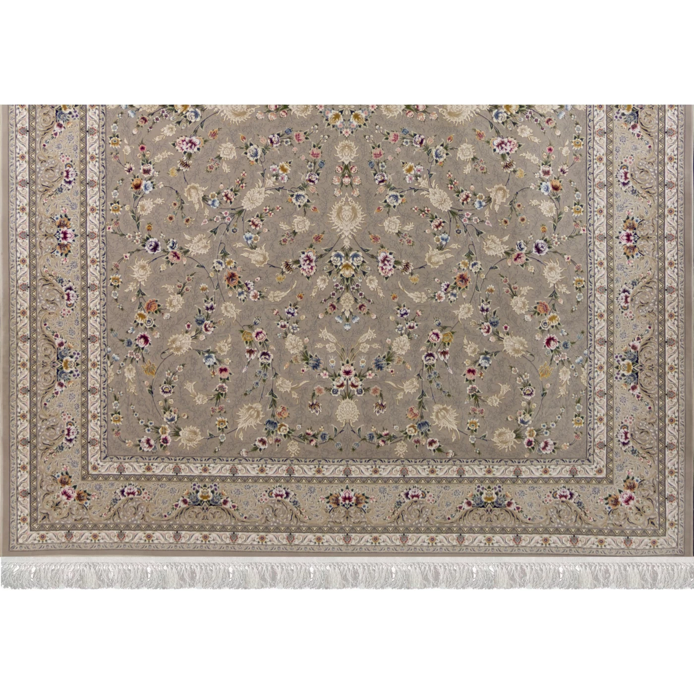 فرش ماشینی ۱۲۰۰ شانه تراکم ۳۶۰۰ گل برجسته طرح باغ مینو نقره ای