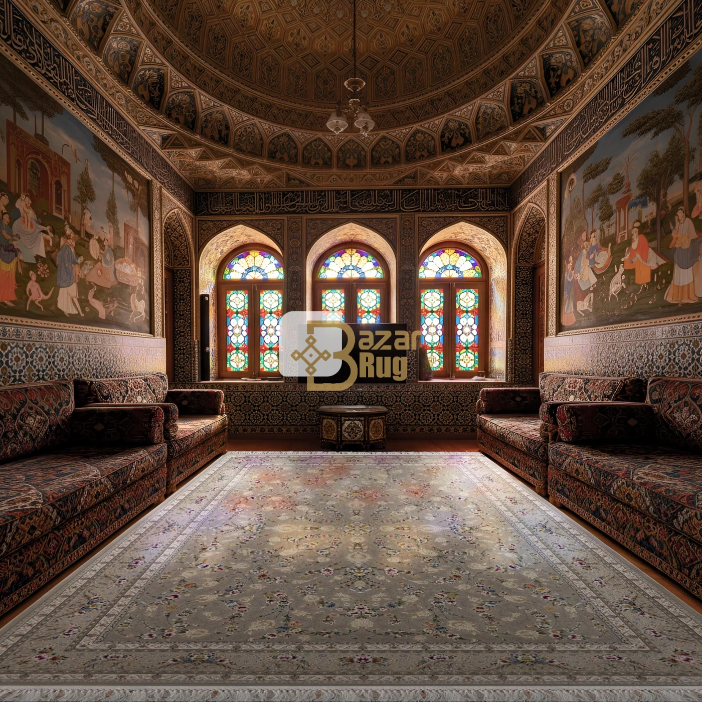 فرش ماشینی ۱۲۰۰ شانه تراکم ۳۶۰۰ گل برجسته طرح باغ مینو نقره ای