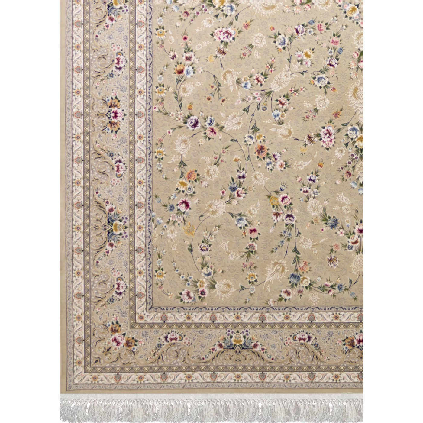 فرش ماشینی ۱۲۰۰ شانه تراکم ۳۶۰۰ گل برجسته طرح باغ مینو بژ