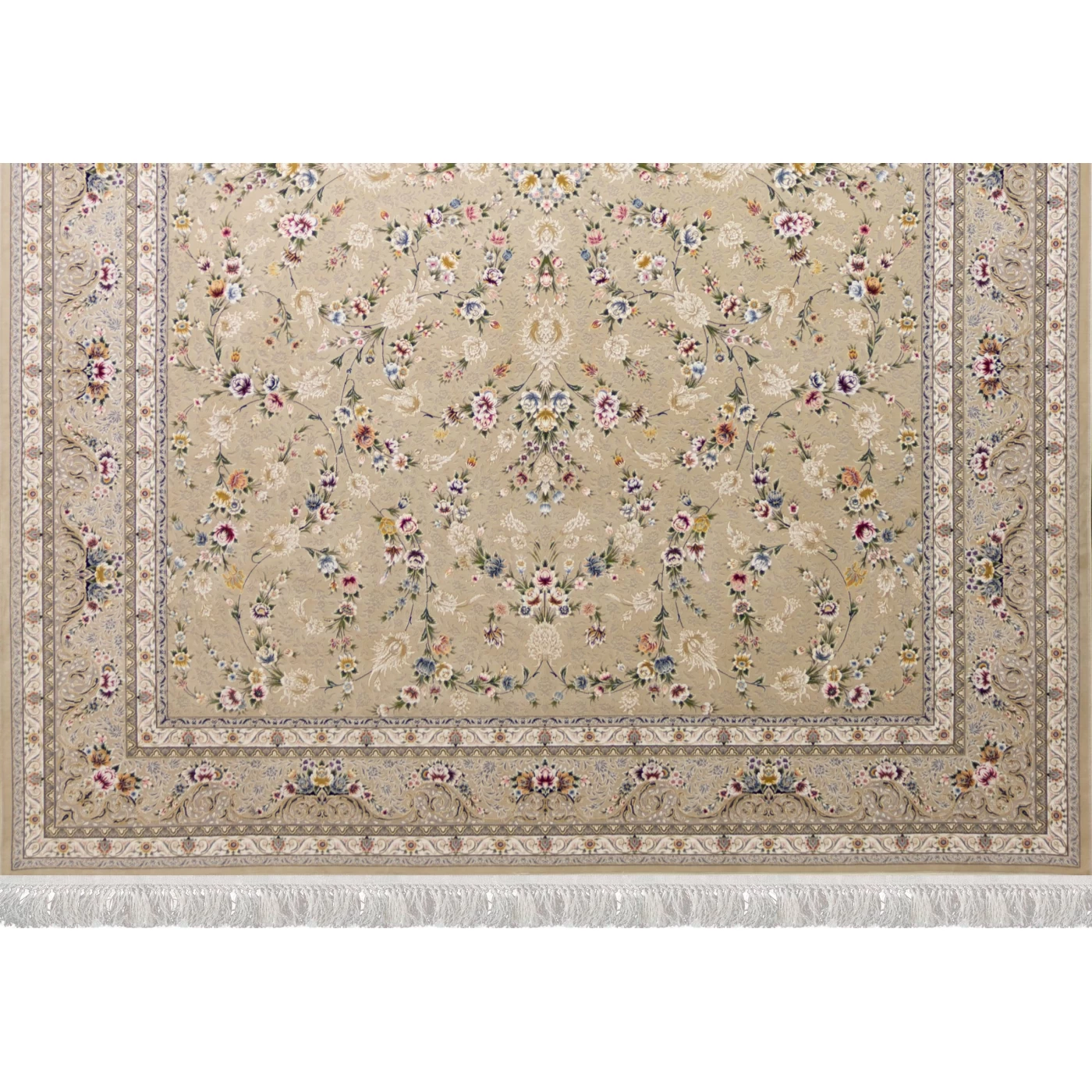 فرش ماشینی ۱۲۰۰ شانه تراکم ۳۶۰۰ گل برجسته طرح باغ مینو بژ