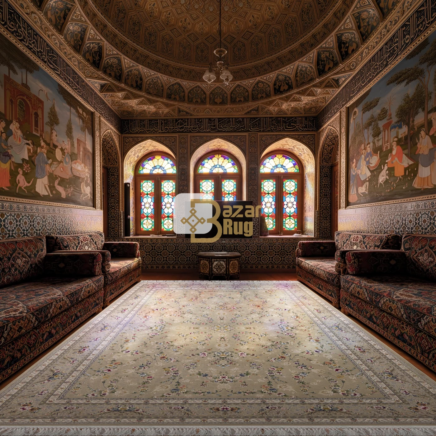 فرش ماشینی ۱۲۰۰ شانه تراکم ۳۶۰۰ گل برجسته طرح باغ مینو بژ