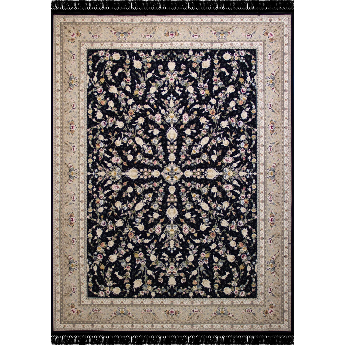 فرش ماشینی ۱۲۰۰ شانه تراکم ۳۶۰۰ گل برجسته طرح باغ مینو سرمه‌ ای