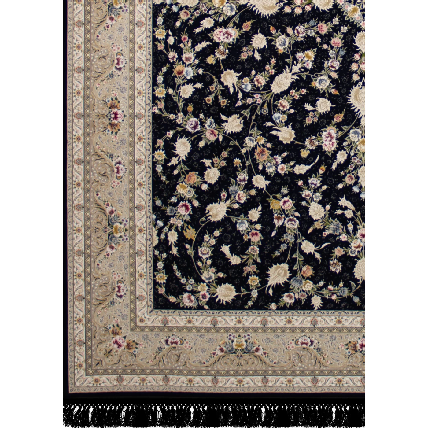 فرش ماشینی ۱۲۰۰ شانه تراکم ۳۶۰۰ گل برجسته طرح باغ مینو سرمه‌ ای