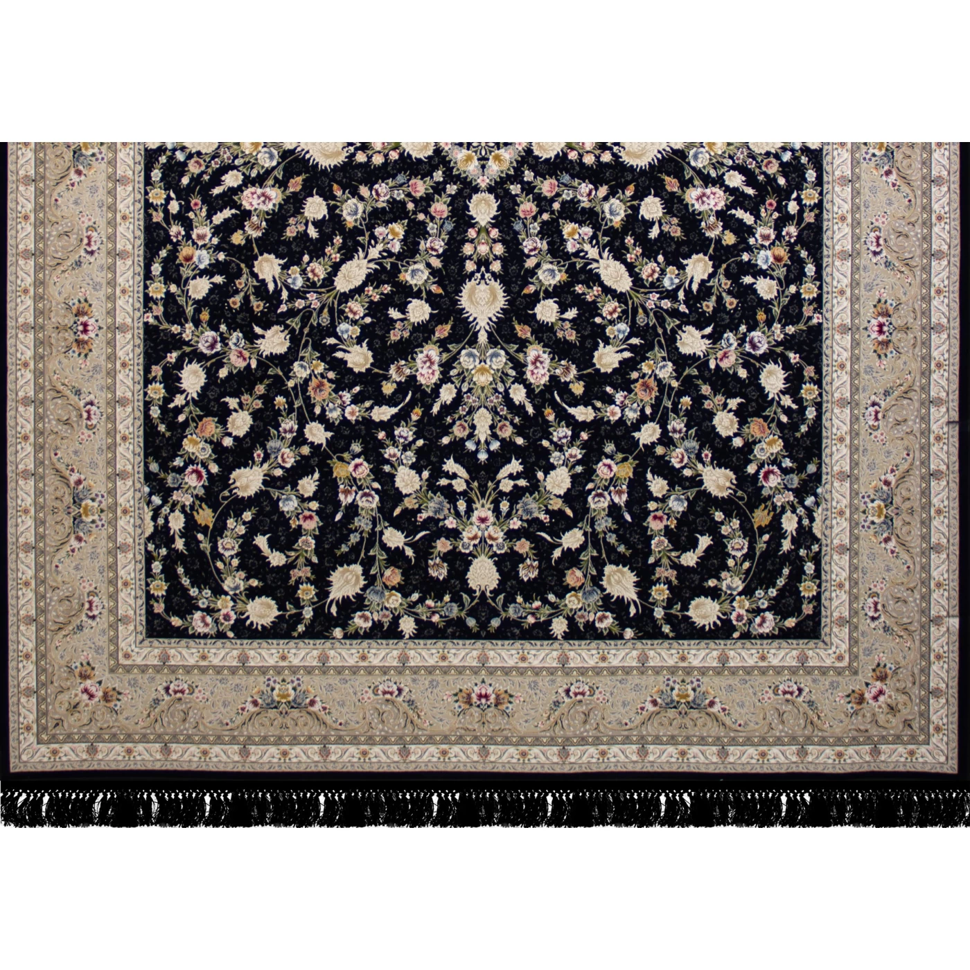 فرش ماشینی ۱۲۰۰ شانه تراکم ۳۶۰۰ گل برجسته طرح باغ مینو سرمه‌ ای