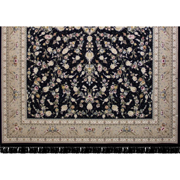 فرش ماشینی ۱۲۰۰ شانه تراکم ۳۶۰۰ گل برجسته طرح باغ مینو سرمه ای