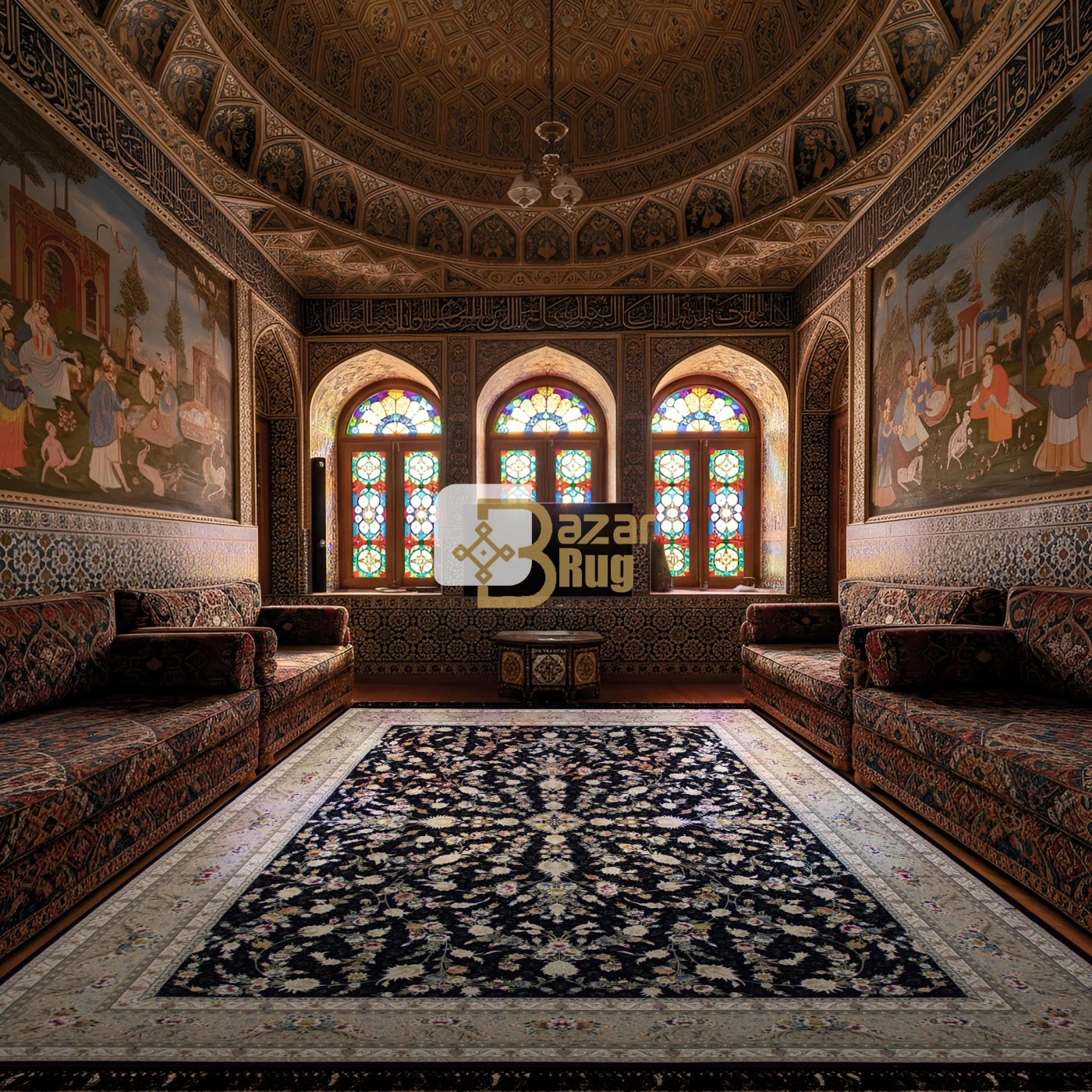 فرش ماشینی ۱۲۰۰ شانه تراکم ۳۶۰۰ گل برجسته طرح باغ مینو سرمه‌ ای