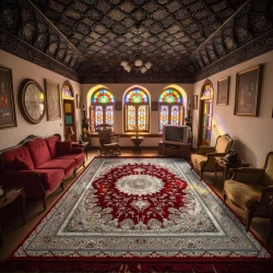 فرش ماشینی ۱۲۰۰ شانه تراکم ۳۶۰۰ گل برجسته طرح بردیا لاکی - Bazar Rug - 1200 Reeds Machine Made Carpet