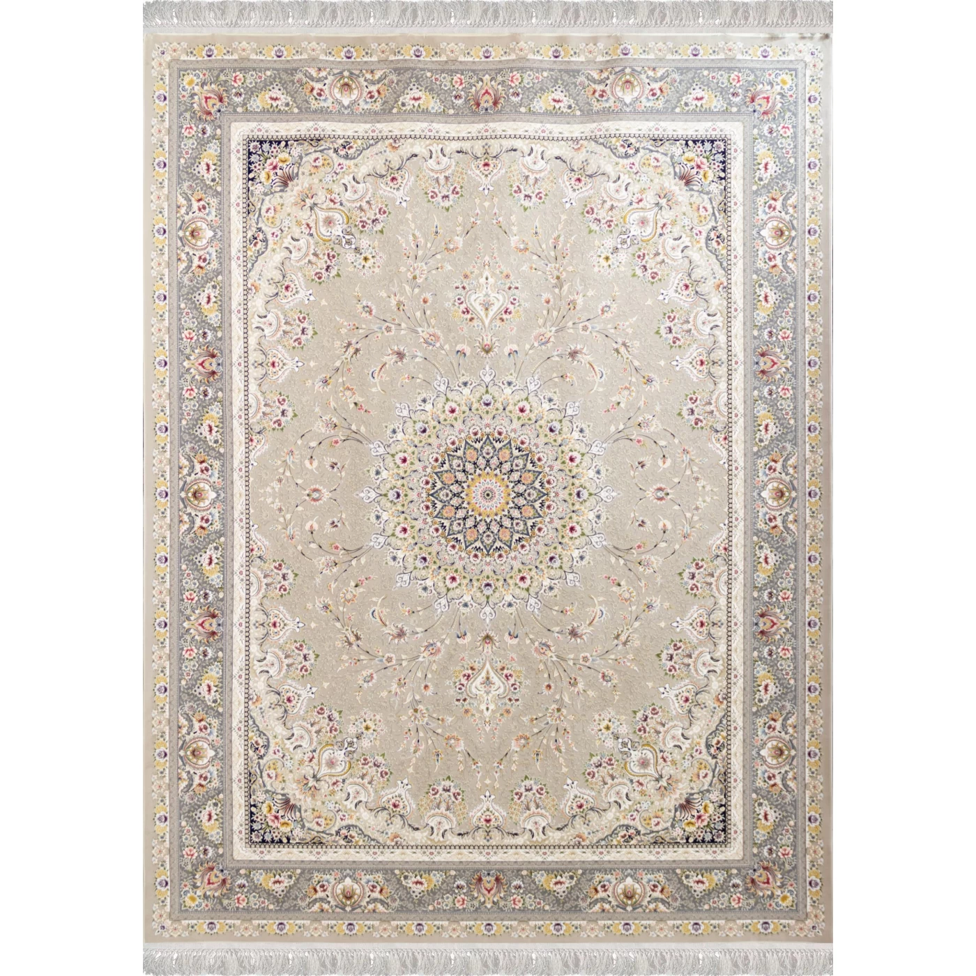 فرش ماشینی ۱۲۰۰ شانه تراکم ۳۶۰۰ گل برجسته طرح بردیا بژ