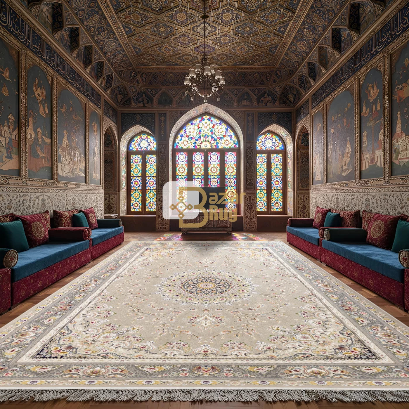 فرش ماشینی ۱۲۰۰ شانه تراکم ۳۶۰۰ گل برجسته طرح بردیا بژ