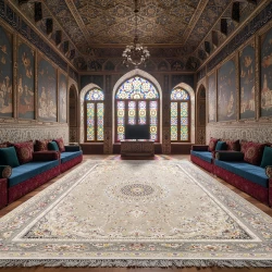 فرش ماشینی ۱۲۰۰ شانه تراکم ۳۶۰۰ گل برجسته طرح بردیا بژ - بازارفرش - {category}