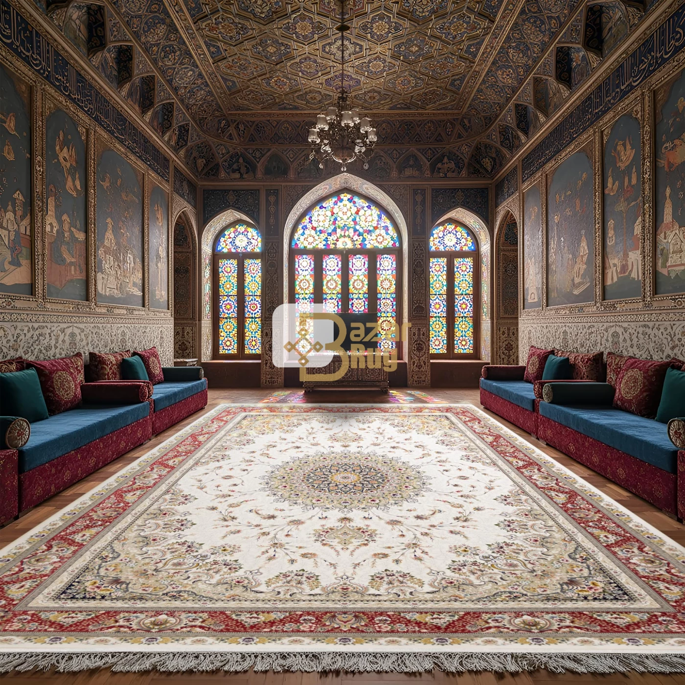 فرش ماشینی ۱۲۰۰ شانه تراکم ۳۶۰۰ گل برجسته طرح بردیا کرم