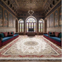 فرش ماشینی ۱۲۰۰ شانه تراکم ۳۶۰۰ گل برجسته طرح بردیا کرم - بازارفرش - فرش 1200 شانه