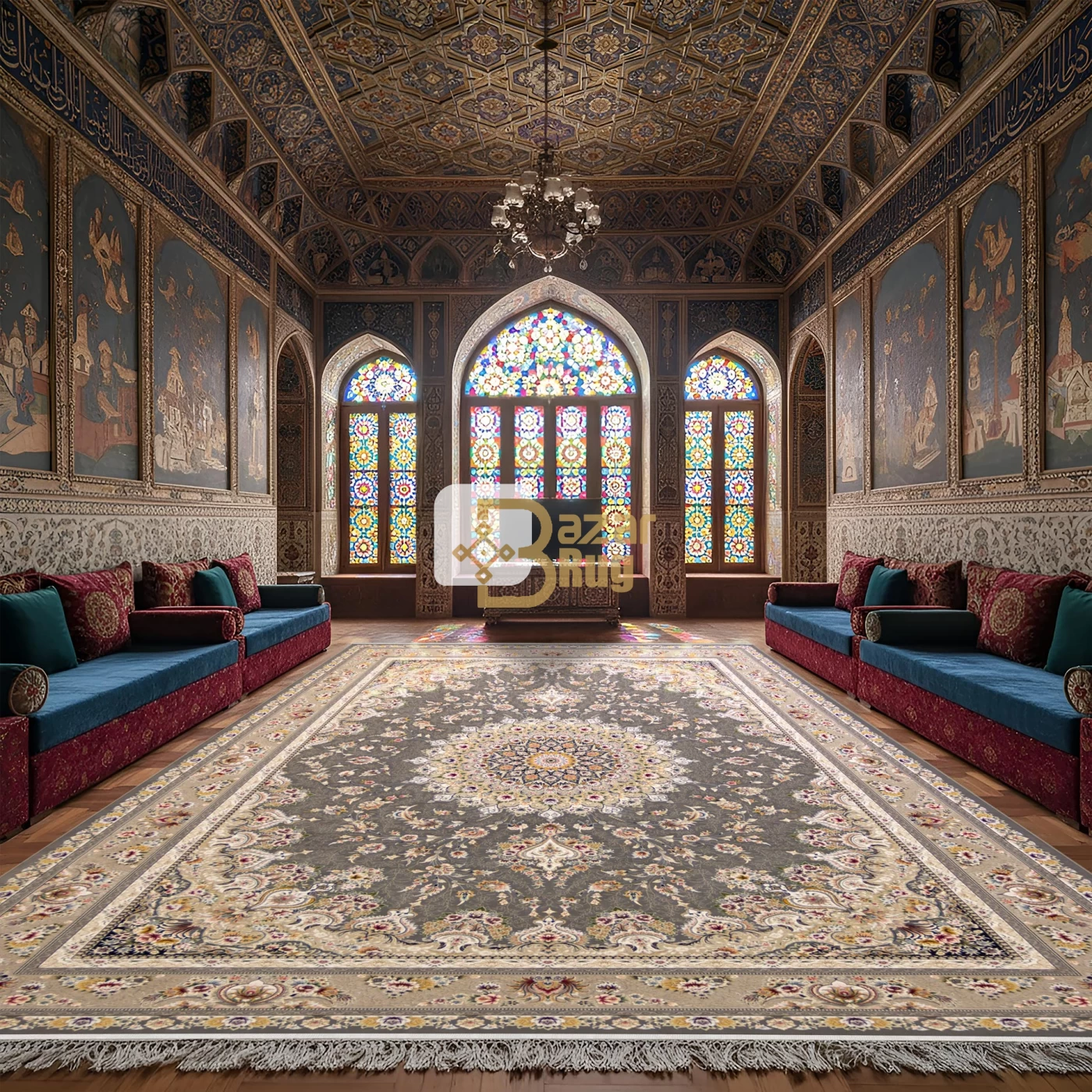 فرش ماشینی ۱۲۰۰ شانه تراکم ۳۶۰۰ گل برجسته طرح بردیا دودی