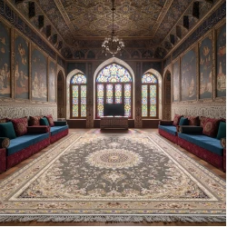 فرش ماشینی ۱۲۰۰ شانه تراکم ۳۶۰۰ گل برجسته طرح بردیا دودی - بازارفرش - فرش 1200 شانه