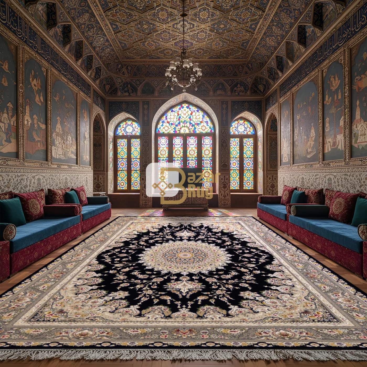 فرش ماشینی ۱۲۰۰ شانه تراکم ۳۶۰۰ گل برجسته طرح بردیا سرمه ای