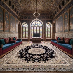 فرش ماشینی ۱۲۰۰ شانه تراکم ۳۶۰۰ گل برجسته طرح بردیا سرمه ای - بازارفرش - {category}