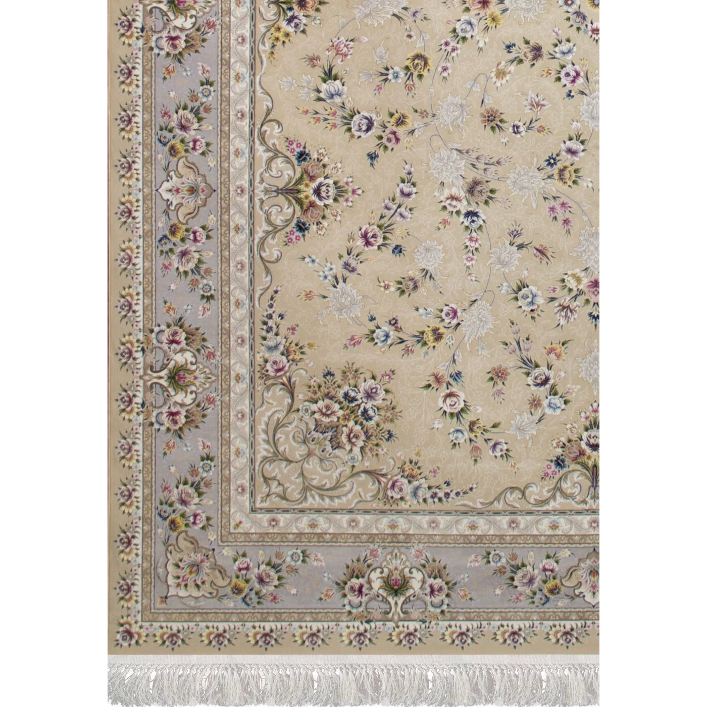 فرش ماشینی ۱۲۰۰ شانه تراکم ۳۶۰۰ گل برجسته طرح پویان بژ