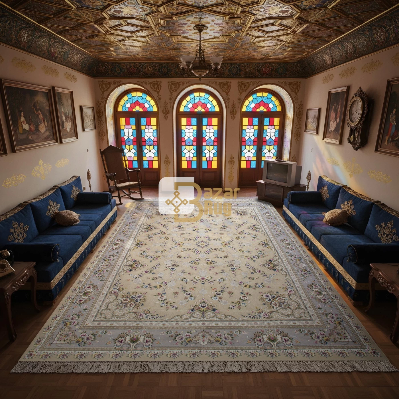 فرش ماشینی ۱۲۰۰ شانه تراکم ۳۶۰۰ گل برجسته طرح پویان بژ