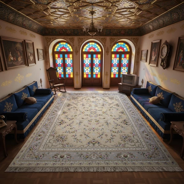 فرش ماشینی ۱۲۰۰ شانه تراکم ۳۶۰۰ گل برجسته طرح پویان بژ