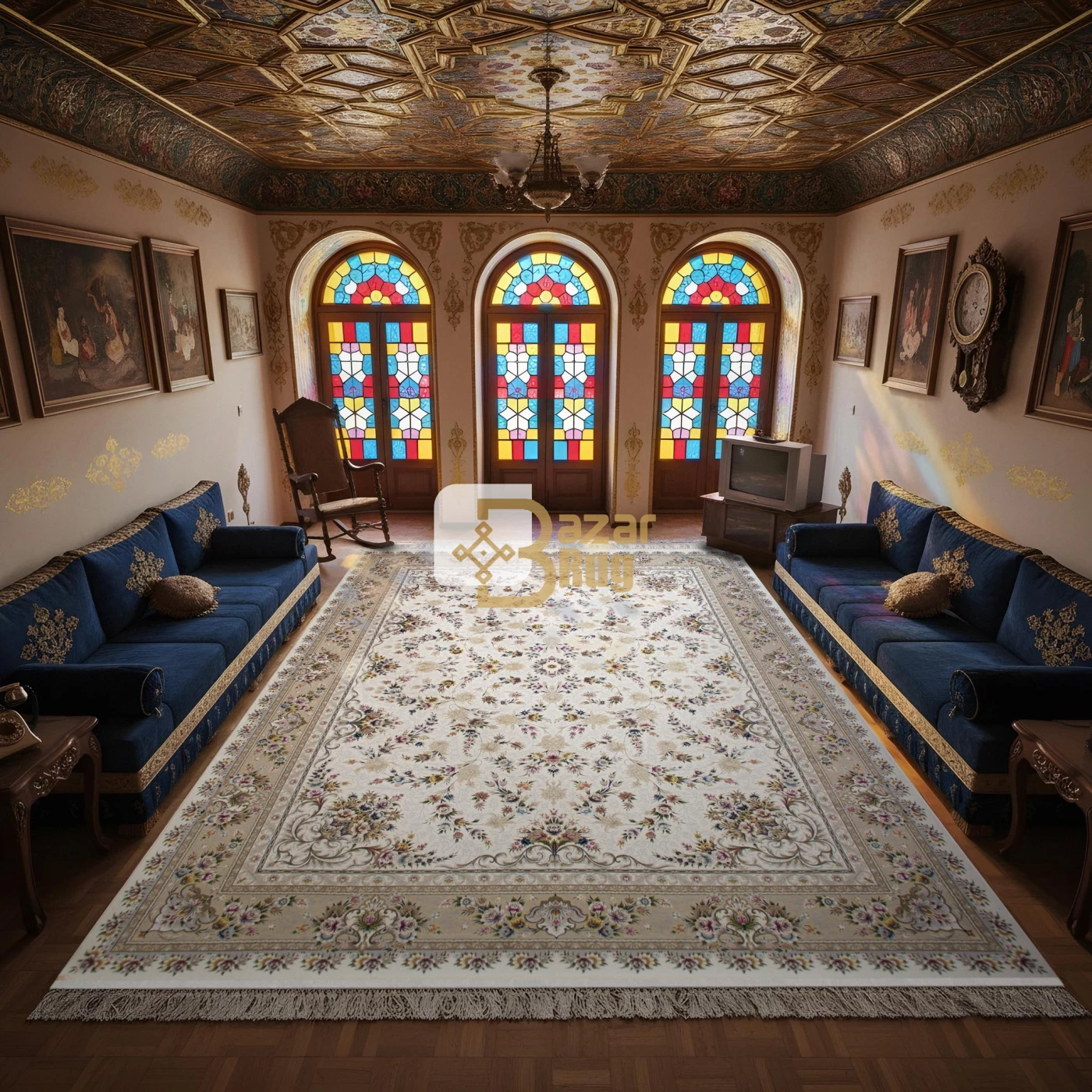 	فرش ماشینی ۱۲۰۰ شانه تراکم ۳۶۰۰ گل برجسته طرح پویان کرم