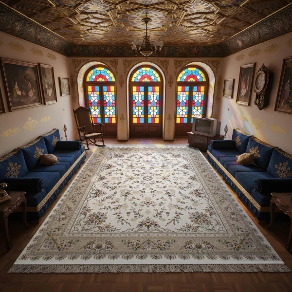 	فرش ماشینی ۱۲۰۰ شانه تراکم ۳۶۰۰ گل برجسته طرح پویان کرم