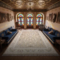 فرش ماشینی ۱۲۰۰ شانه تراکم ۳۶۰۰ گل برجسته طرح پویان نسکافه ای - بازارفرش - فرش 1200 شانه