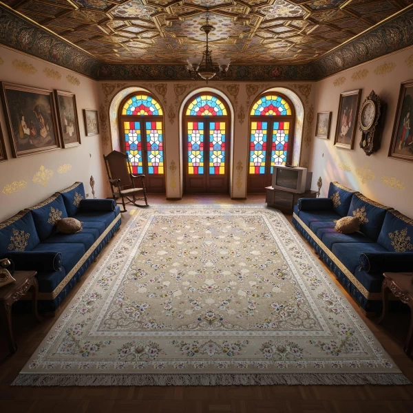 فرش ماشینی ۱۲۰۰ شانه تراکم ۳۶۰۰ گل برجسته طرح پویان نسکافه ای