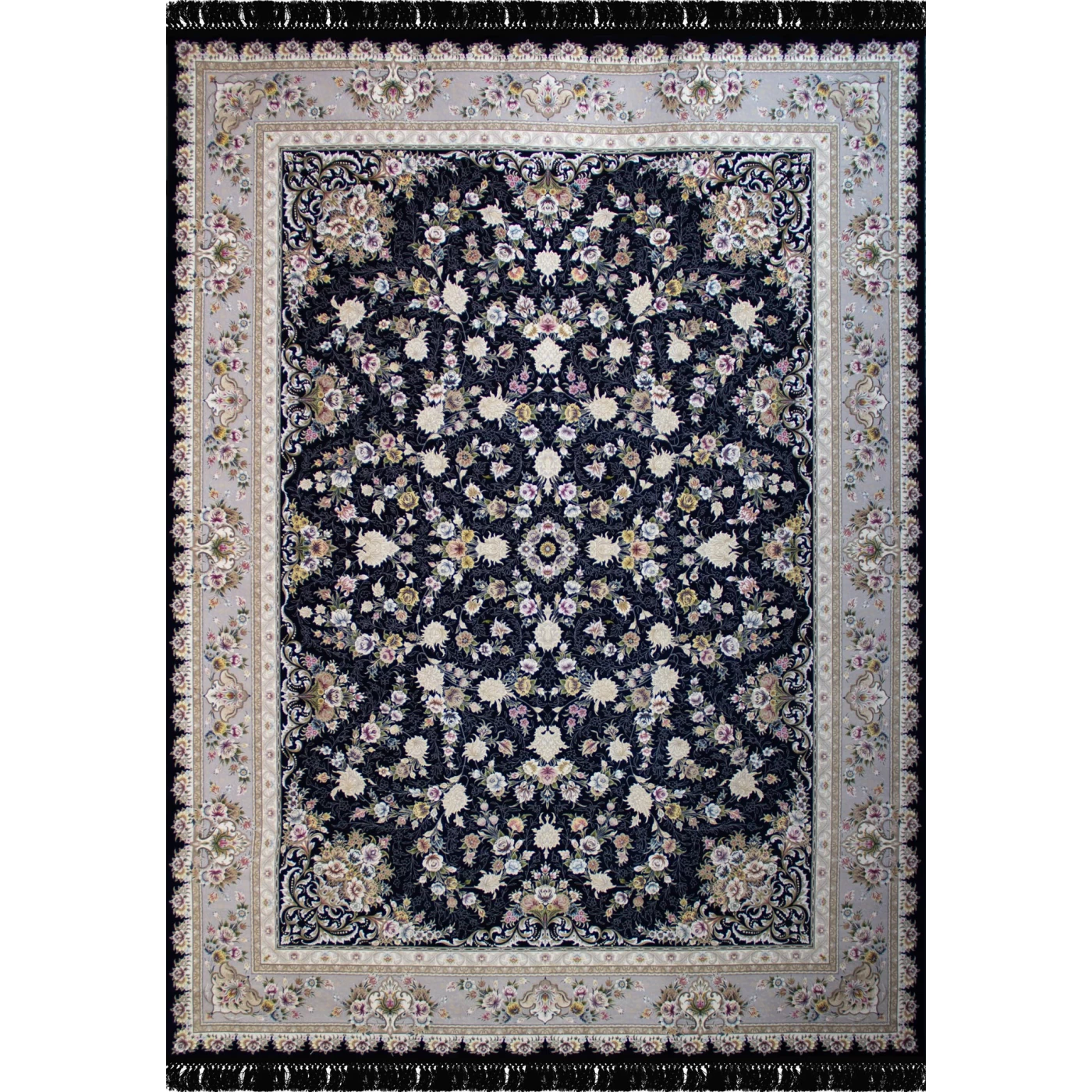 فرش ماشینی ۱۲۰۰ شانه تراکم ۳۶۰۰ گل برجسته طرح پویان سرمه ای