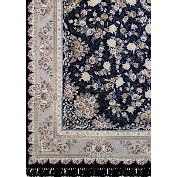 فرش ماشینی ۱۲۰۰ شانه تراکم ۳۶۰۰ گل برجسته طرح پویان سرمه ای