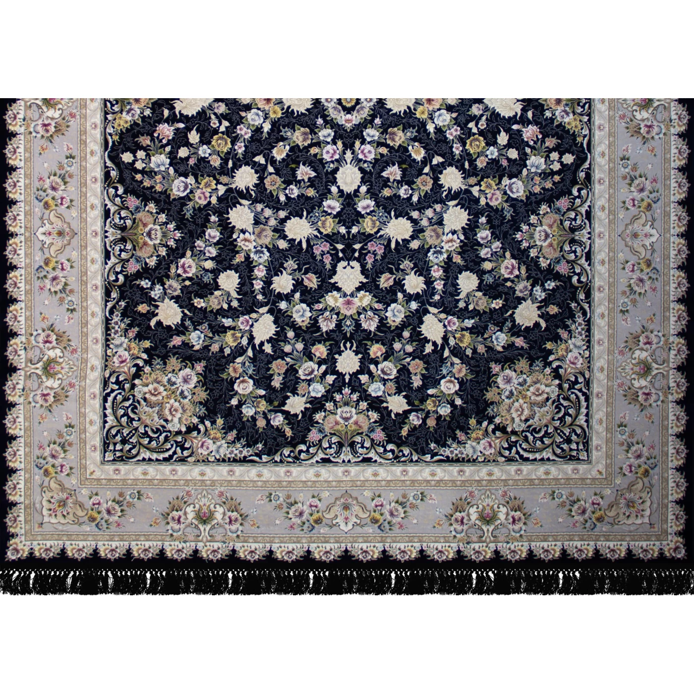 فرش ماشینی ۱۲۰۰ شانه تراکم ۳۶۰۰ گل برجسته طرح پویان سرمه ای