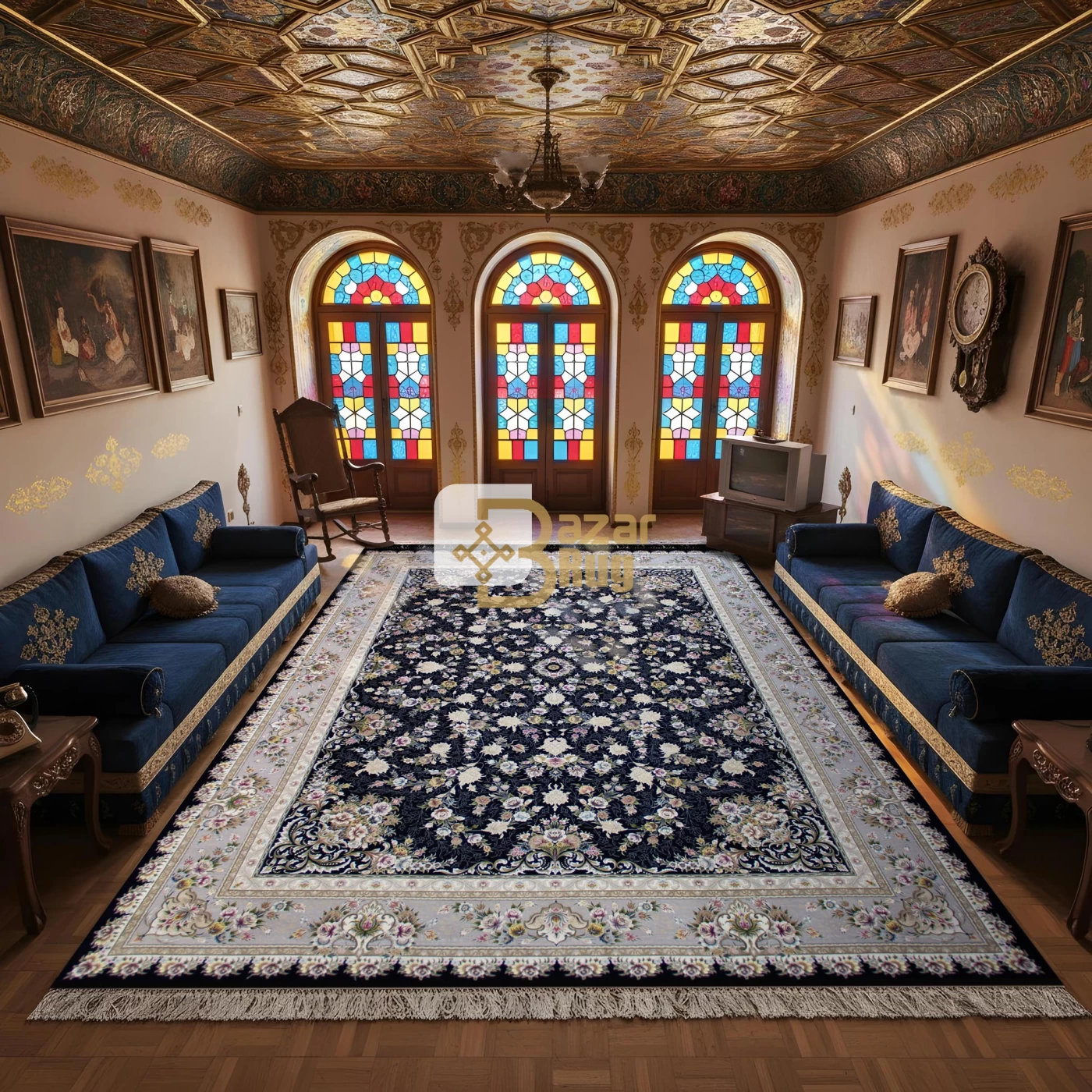 فرش ماشینی ۱۲۰۰ شانه تراکم ۳۶۰۰ گل برجسته طرح پویان سرمه ای