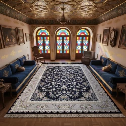 فرش ماشینی ۱۲۰۰ شانه تراکم ۳۶۰۰ گل برجسته طرح پویان سرمه ای - بازارفرش - فرش 1200 شانه