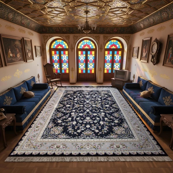 فرش ماشینی ۱۲۰۰ شانه تراکم ۳۶۰۰ گل برجسته طرح پویان سرمه ای