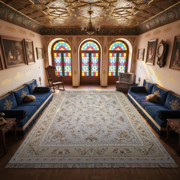 فرش ماشینی ۱۲۰۰ شانه تراکم ۳۶۰۰ گل برجسته طرح پویان طوسی