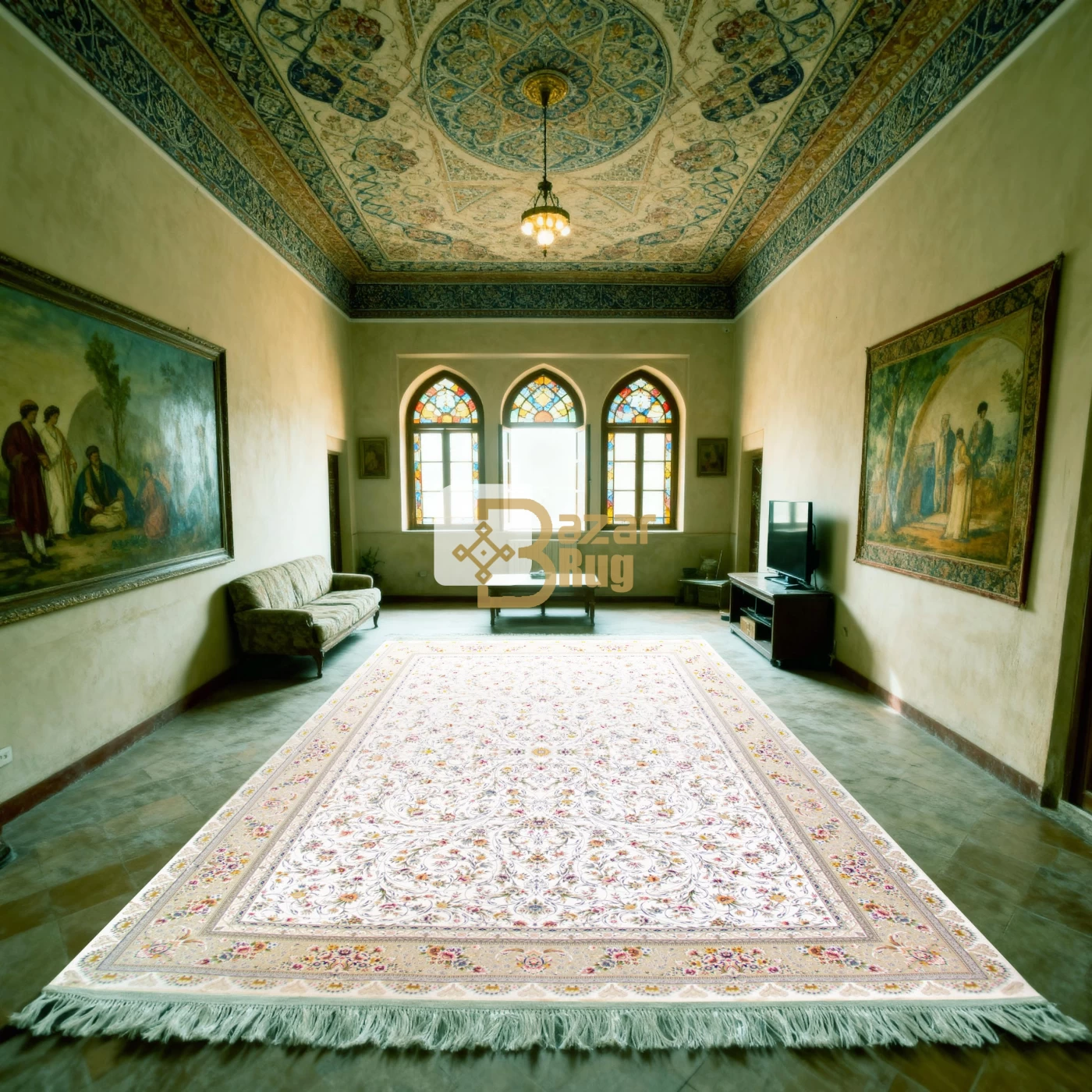 فرش ماشینی 1200 شانه تراکم 3600 طرح سروناز کرم