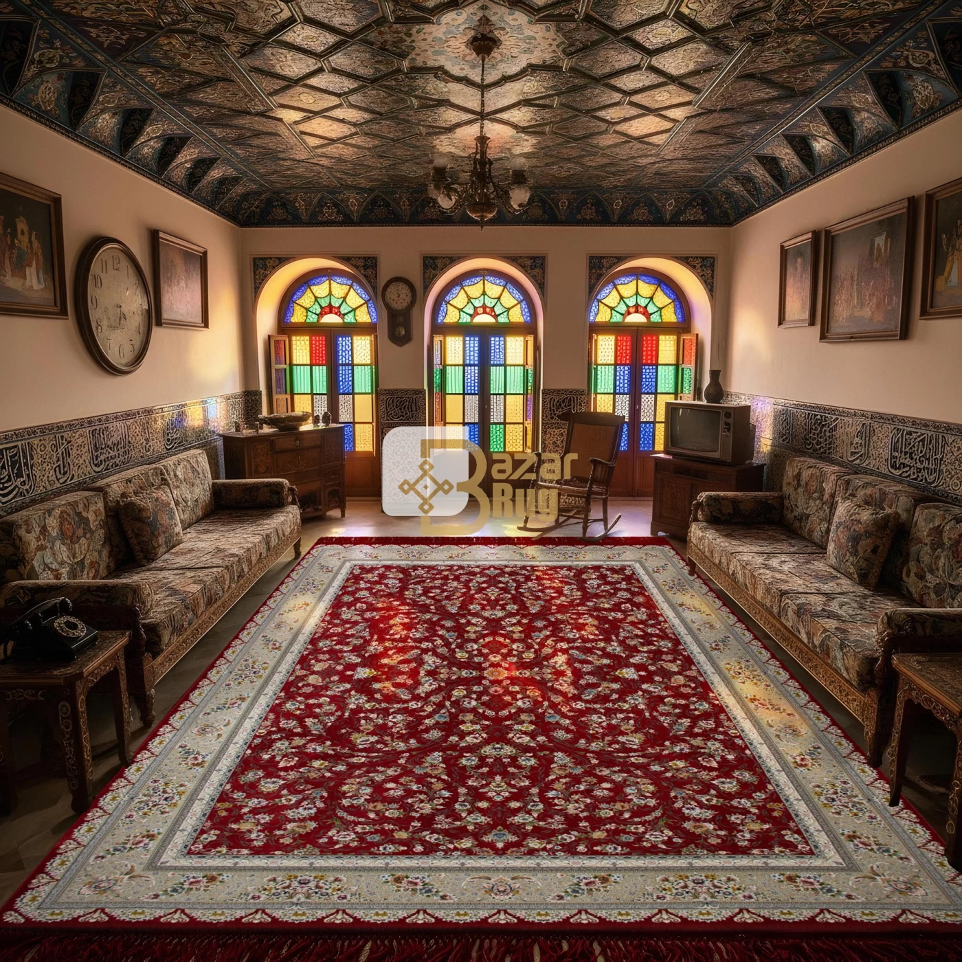 فرش ماشینی ۱۲۰۰ شانه تراکم ۳۶۰۰ گل برجسته طرح سروناز لاکی