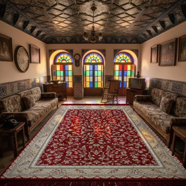 فرش ماشینی ۱۲۰۰ شانه تراکم ۳۶۰۰ گل برجسته طرح سروناز لاکی